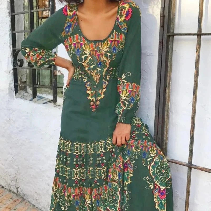 L / A Green Spring And Autumn U-neck Pullover Fashion Retro Printed Elegant Long Sleeve Long Dress 2023
