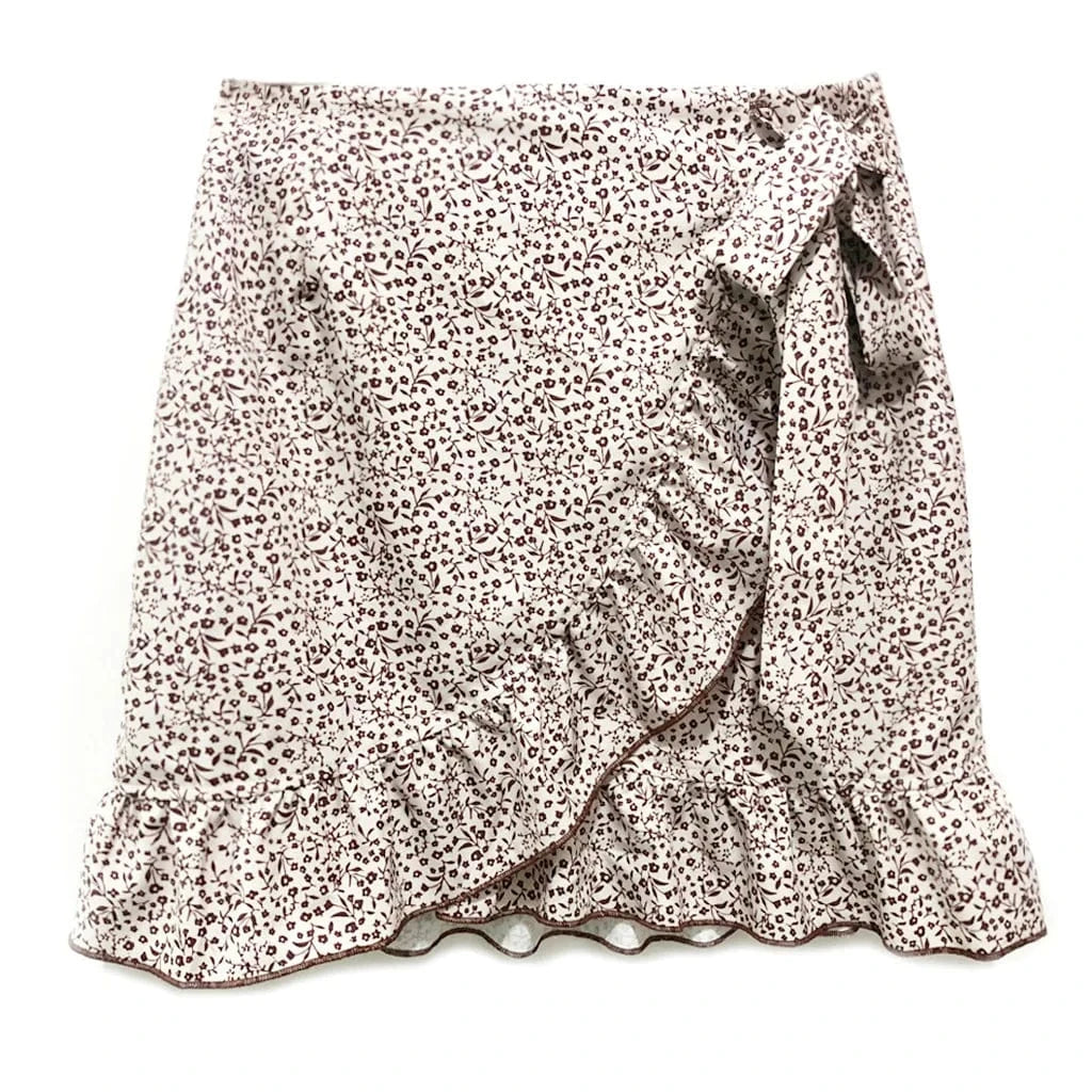 L / apricot 2022 summer women lace up waist skirt European and American irregular falbala hem floral printed girls casual skirts