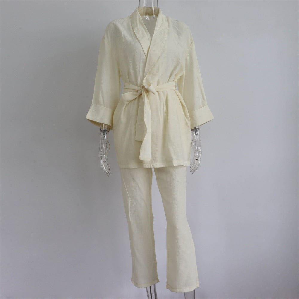 L / Apricot Bclout/QINSI 2023 Summer Trousers Outfits Long Sleeve Loose Shirt Tops And High Waist Pants Two Piece Set Women Casual Tracksuit