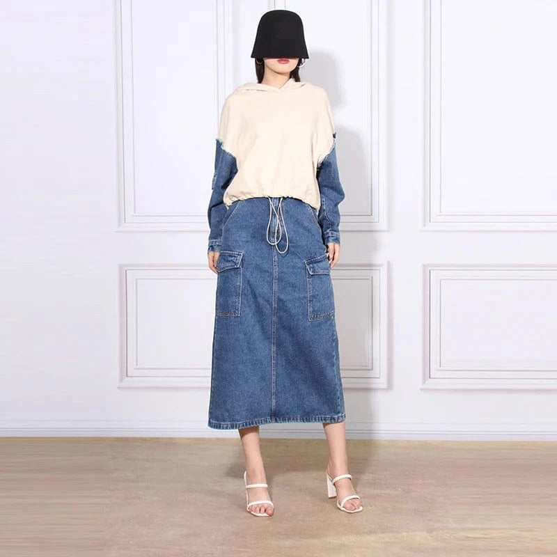 L / apricot CHICEVER Fashion Hooded Long Sleeve Hit Color 2 Piece Long Skirt And Top Set For Women