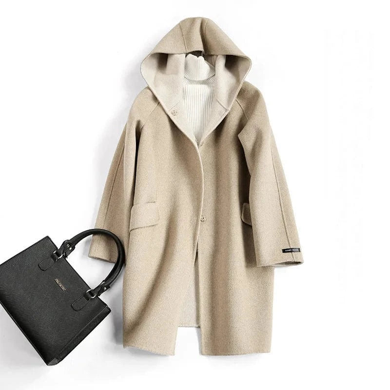 L / Apricot New Fashion Medium Style Double Face Winter Women Cashmere Wool Coats with Hooded