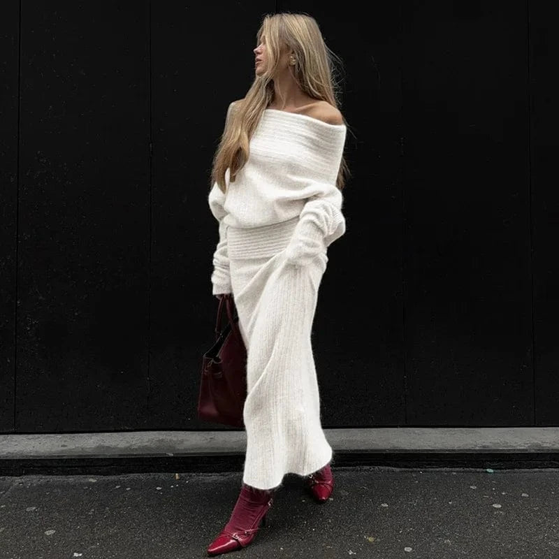 L / Apricot suit Liu Ming New 2024 Products Women Sexy Two Piece Off Shoulder Tops Bodycon Long Skirt Casual Outfit