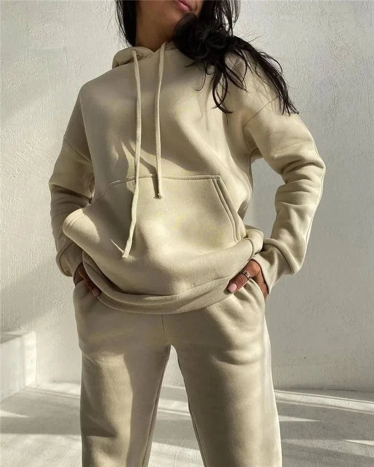 L / Apricot Women's Outfits Long Sleeved Plush Hooded Sweater Loose Casual PantsWomen Two Piece Set Autumn and Winter Fashion Suit
