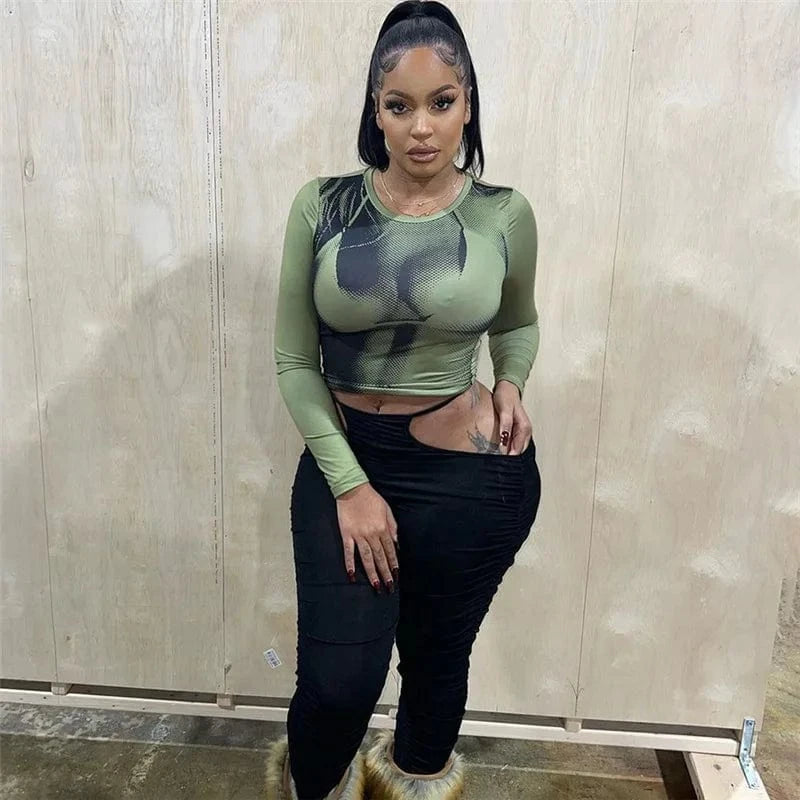 L / Army Green New Arrival New Top Street Shot Fashion 3D Print Long Sleeve Slim Slim T-shirt