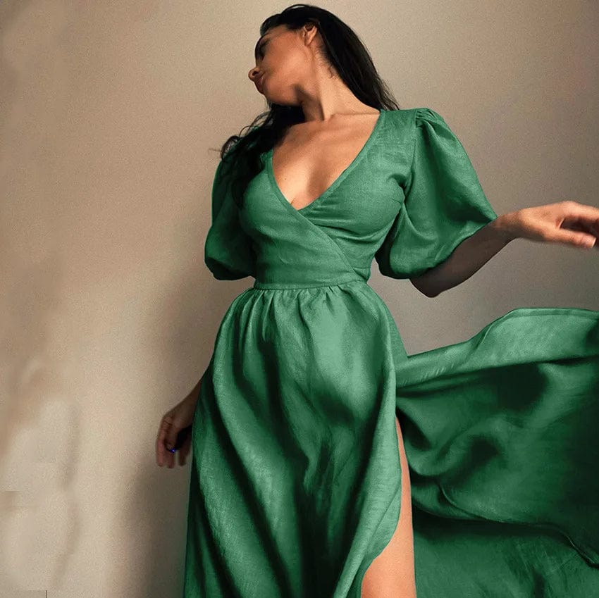L / Army Green New European Long Dress Pure Cotton  High Waist Spring Summer Autumn French Temperament A-line Female Split Casual Dress