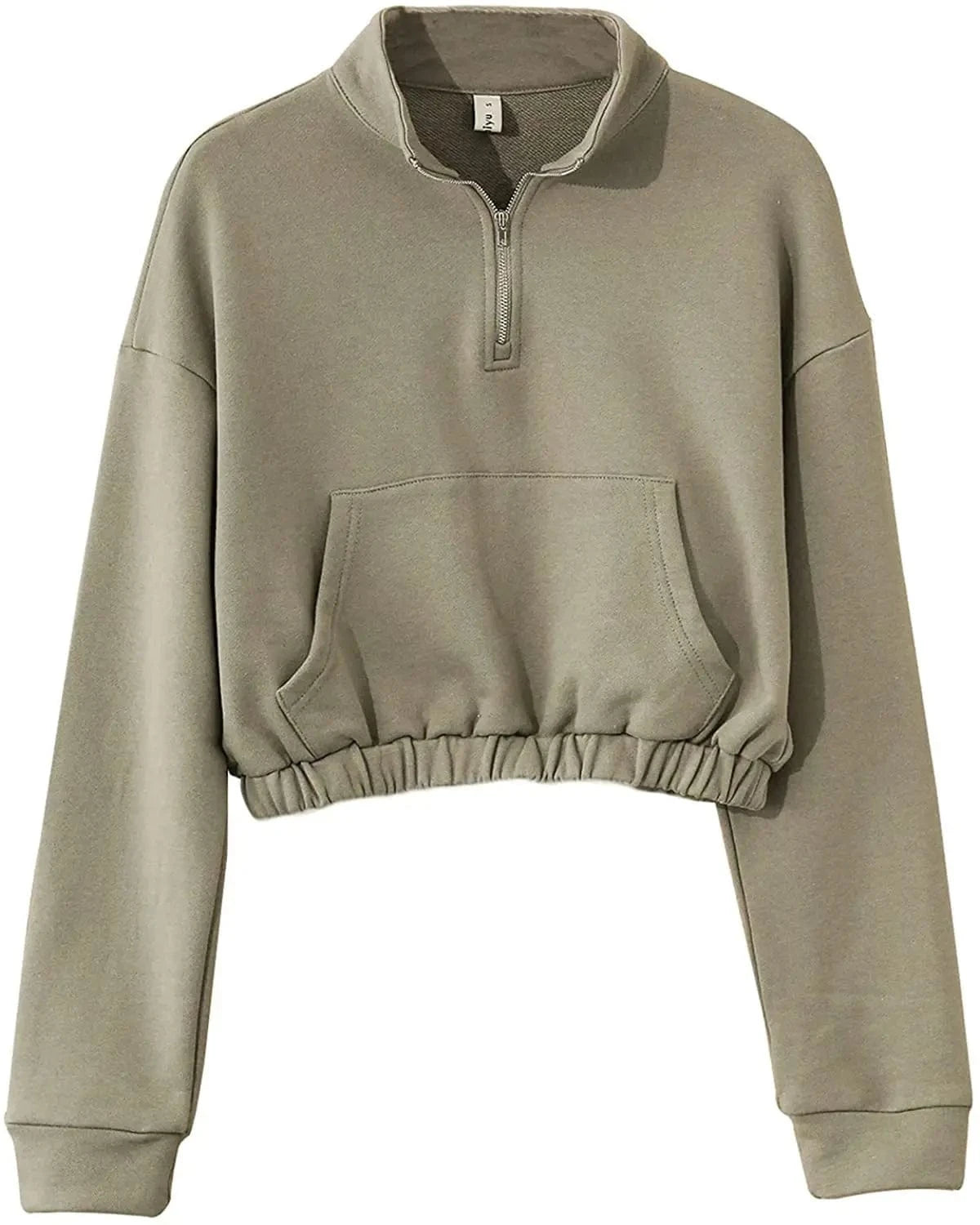 L / Army Green Quarter Zip Neck Cropped Sweatshirts Cotton Elastic Hem Yoga Fitness Crop top hoodies for Women