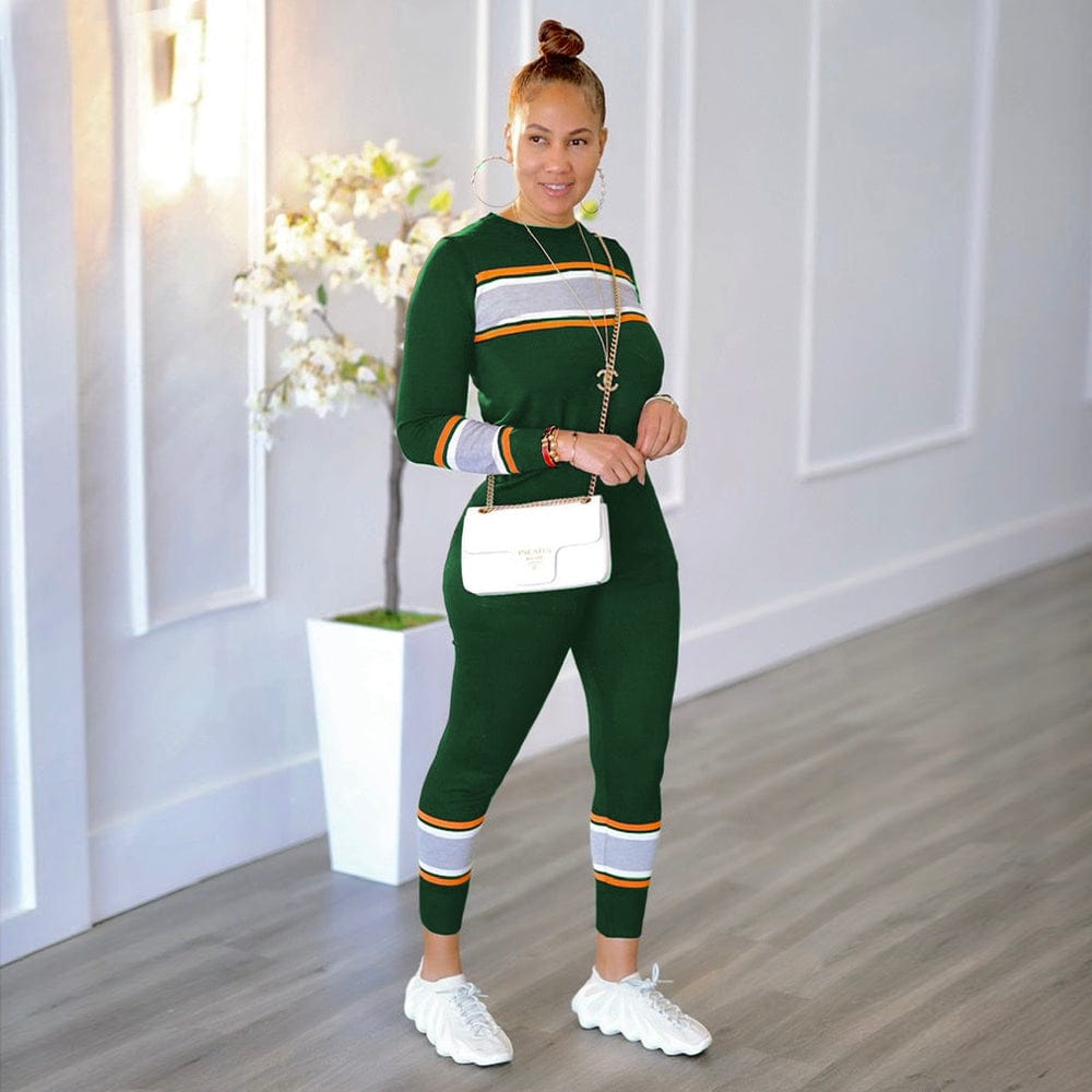 L / Army Green Trendy Women Clothes Women's Casual Solid Color Sweatsuit Pullover Crewneck Colorblock Jogger Pants Two Piece Outfit Tracksuits
