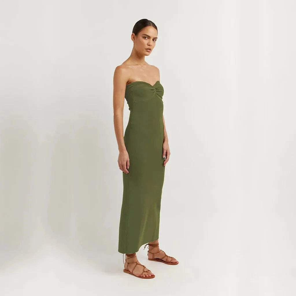 L / Army Green Wholesale Knit Solid Strapless Bodycon Dress Sexy Streetwear Night club Party Asymmetric Strapless Ruched Ruffle Tube Dress
