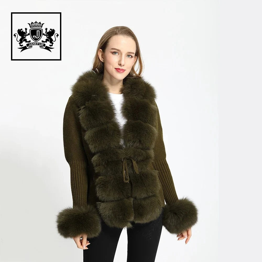 L / Army Green Wholesale Ladies Autumn Winter Knitted Fox Fur Trim Wool Fur Sweater