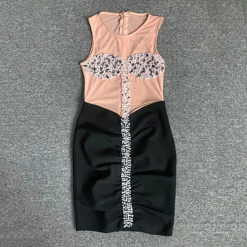 L / as picture SB2631 Women Dresses Evening Dresses Rhinestone See Through Mesh Sexy Dress Luxury Crystal Pearl Mini Bandage