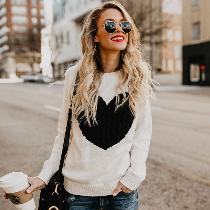 L / Beige Autumn Winter Matching New Women's Knitwear Round Neck Fashion Pullover Love Sweater For Women