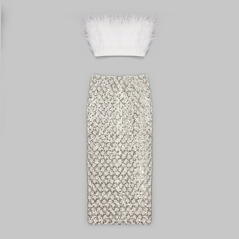 L / Beige Black 2 Piece Set Sleeveless Feather TOP Sequin Translucent Skirt Sexy Party Women Set