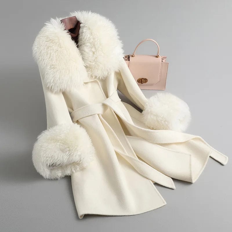 L / Beige Elegant Ladies Belted Cashmere Coat Turn Down Collar Handmade Wool Coats With Fur