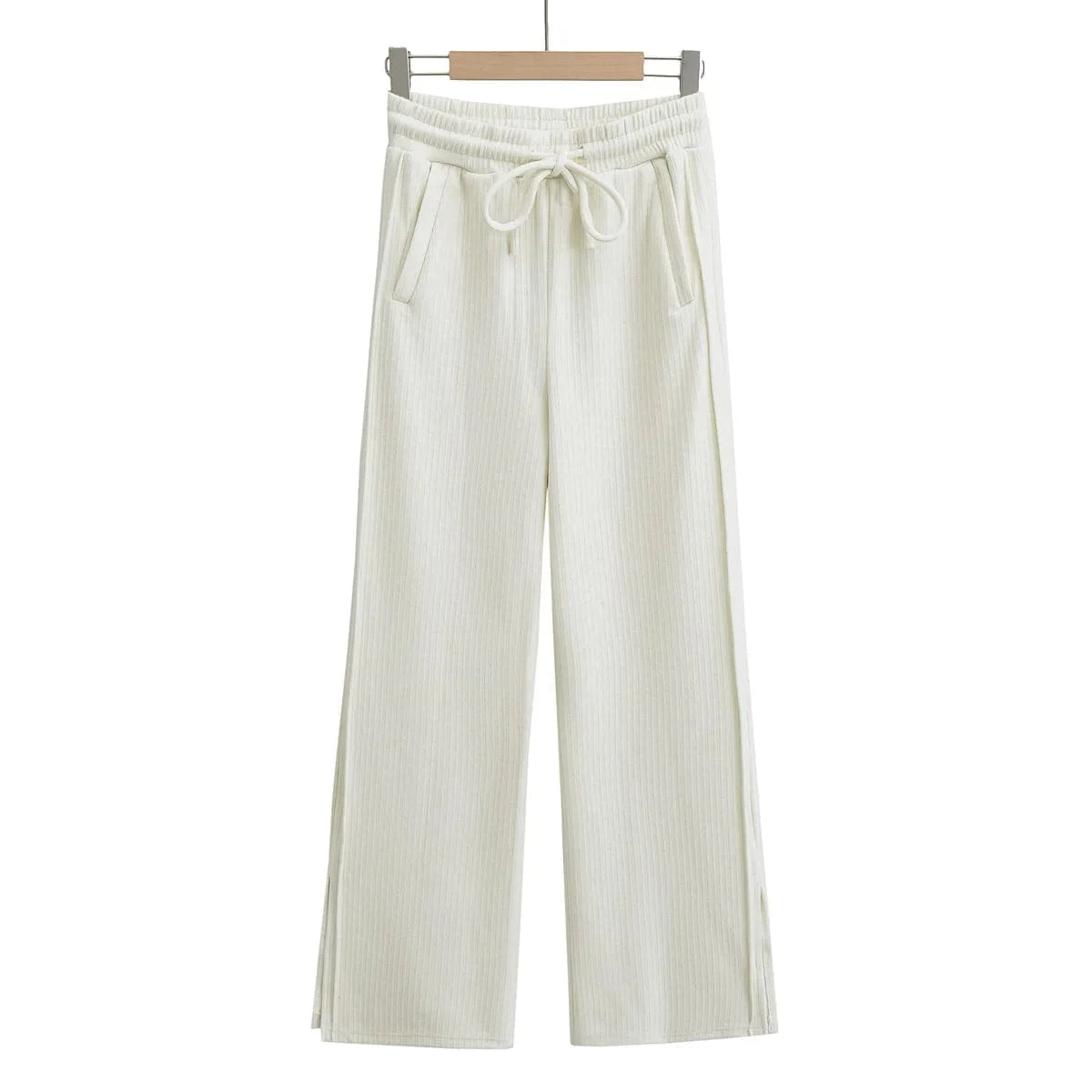 L / Beige High Quality Rib Loose Ladies Sweatpants Elastic Waistband Sport Casual Female Side Pocket Trousers Women Joggers Pants