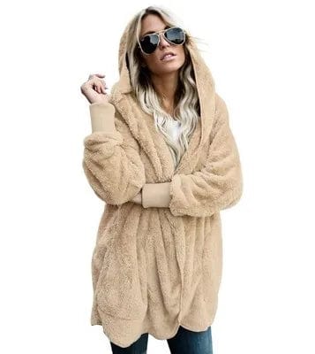 L / Beige New Year Spring Faux Fur Teddy Bear Coat Jacket Women Fashion Open Stitch Hooded Coat Female Long Sleeve Fuzzy Jacket