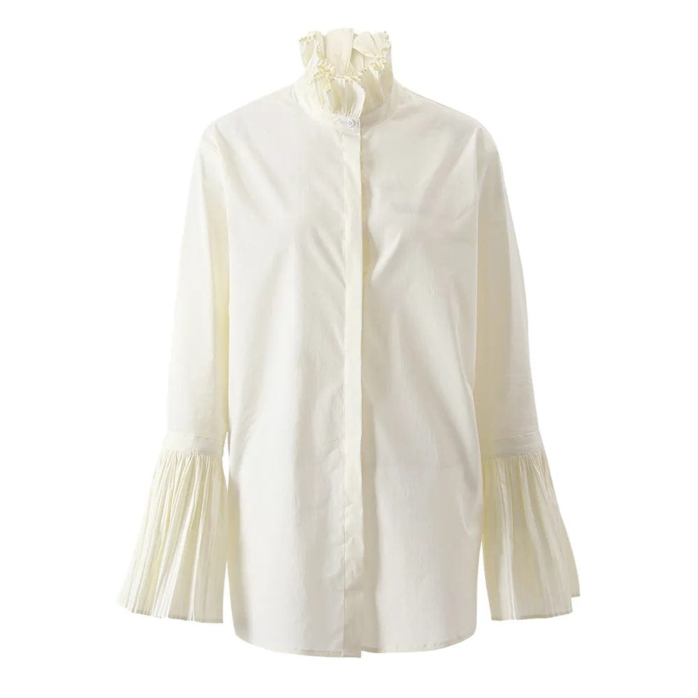 L / Beige OUDINA French Lazy Style Loose Shirt For Women New Style Long Sleeve Pleated Design Slim Women's Shirts