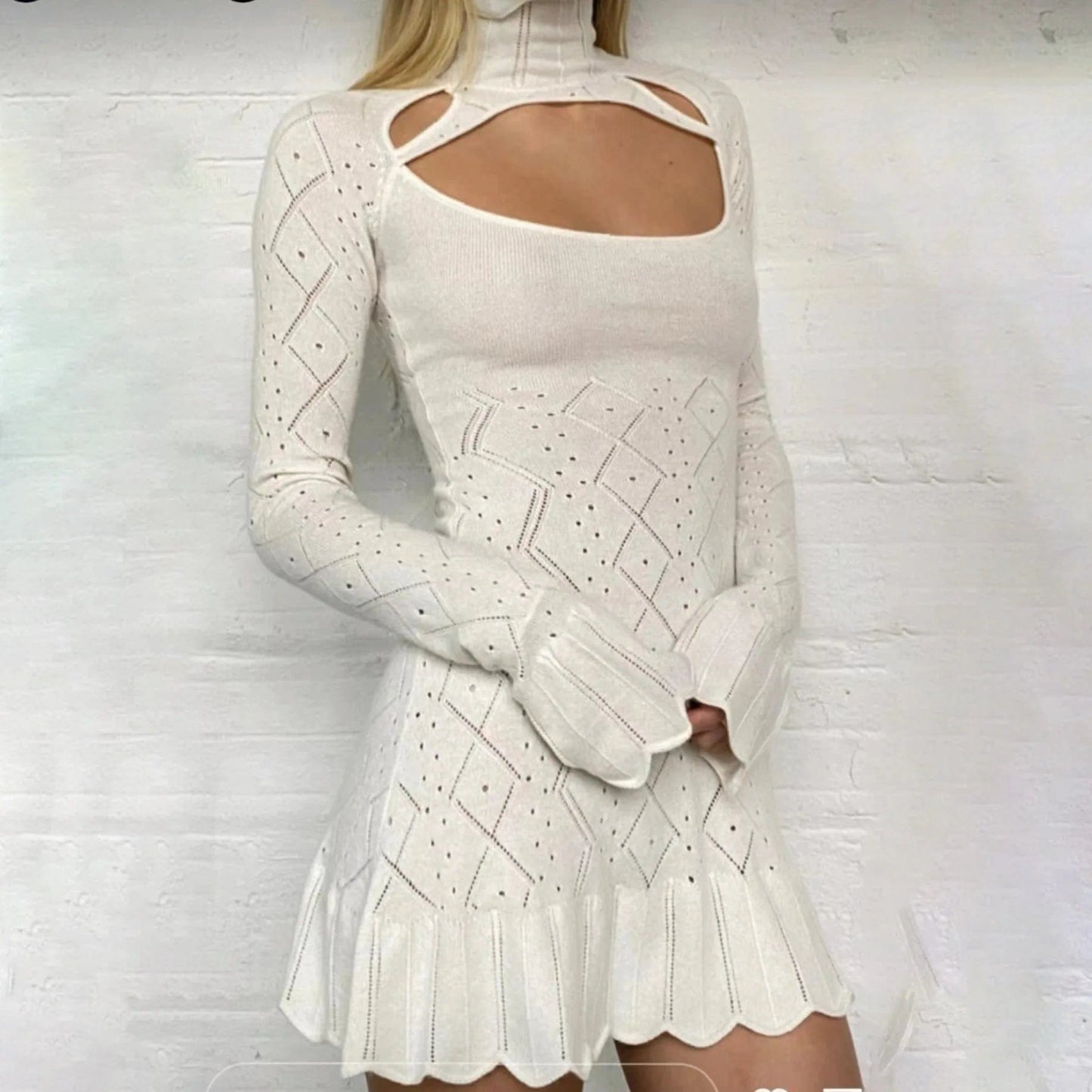 L / Beige OUDINA New Autumn Slim Hot Girl Knitted Bodycon Hollow Dress Feminine A-Line Knitted Winter Dresses Women
