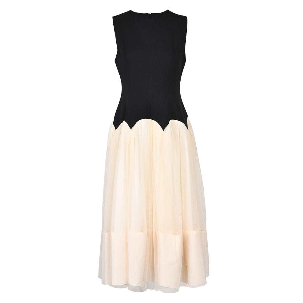 L / Beige OUDINA Wholesale French Sleeveless Color Contrast Mesh Tutu Pleated Women Lady Dress Elegant Ladies Casual Dresses