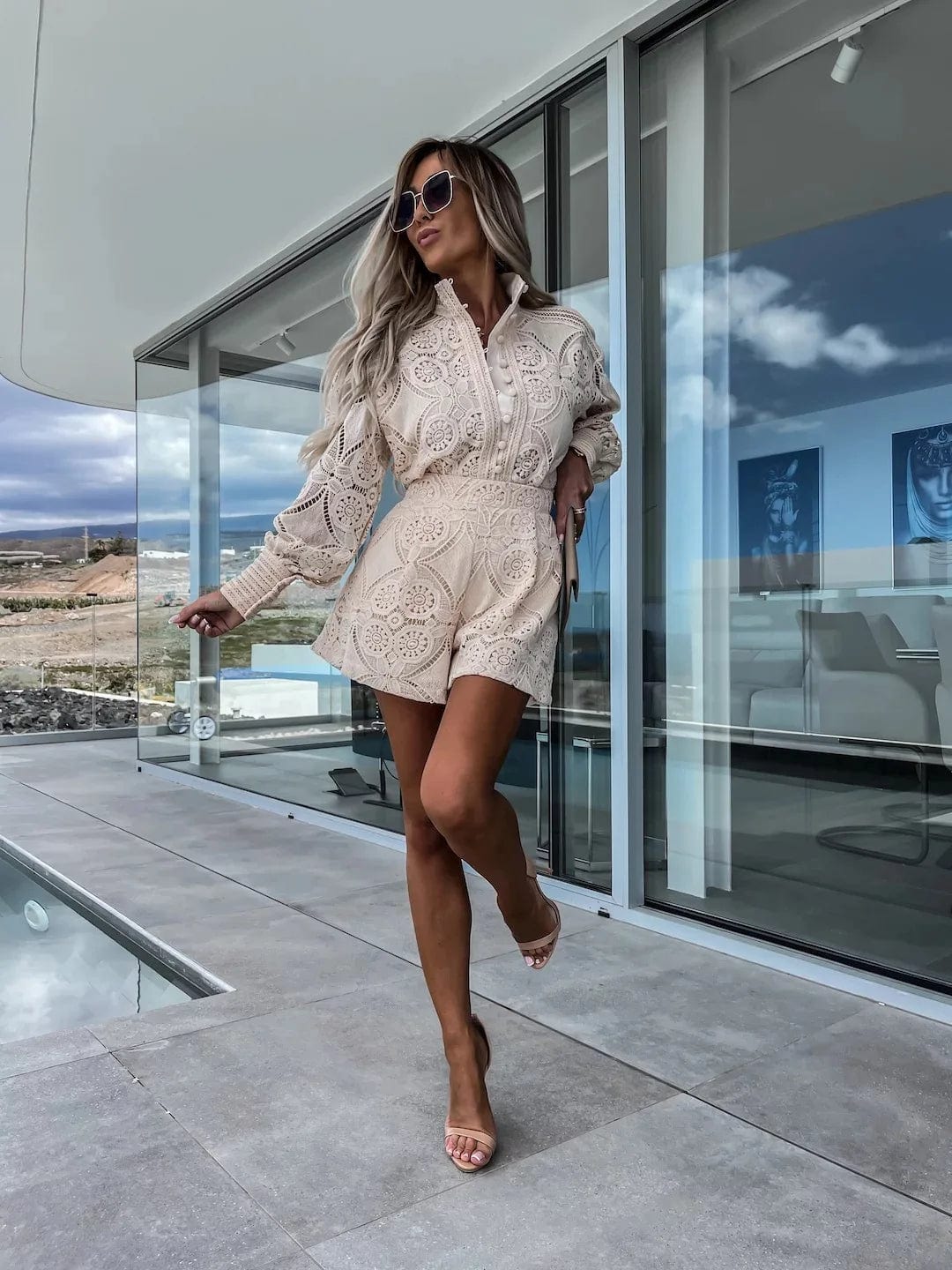 L / Beige PDEP  2023 summer solid color single-breasted stand up collar long sleeve lace women lounge wear  2 piece short set