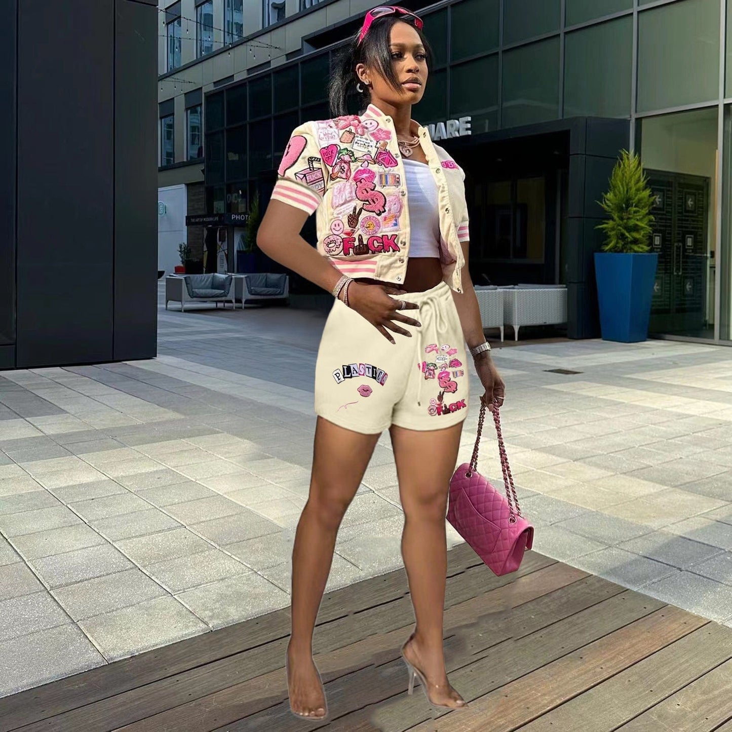 L / Beige Sharee 2023 Hot Selling Women Summer Clothes With Button Print Baseball Jacket Shorts Set Women 2 Piece Sets