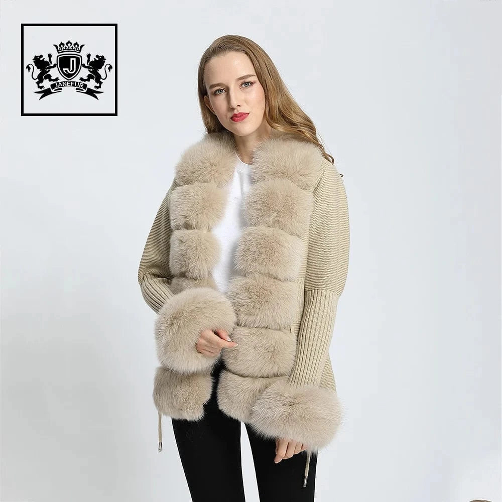 L / Beige Wholesale Ladies Autumn Winter Knitted Fox Fur Trim Wool Fur Sweater