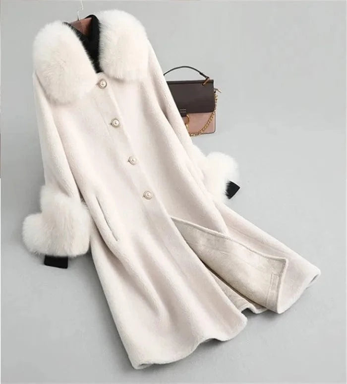 L / Beige Women Real wool sheep shearling fur coat women fox collar winter warm genuine fur coat winter warm coat A19003