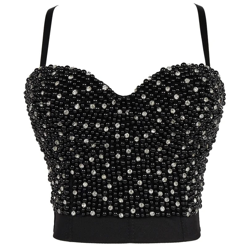 L / Black-02 Wholesale black embellished beaded sexy latex  bustier corset crop top