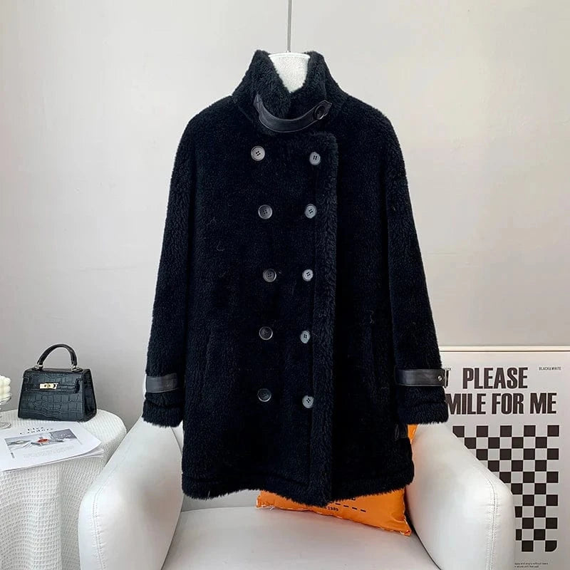 L / Black 2023 Hot Sale Women Lamb Fur Coat Female Lady Sheep Shearling Jacket Warm Overcoat JT3264