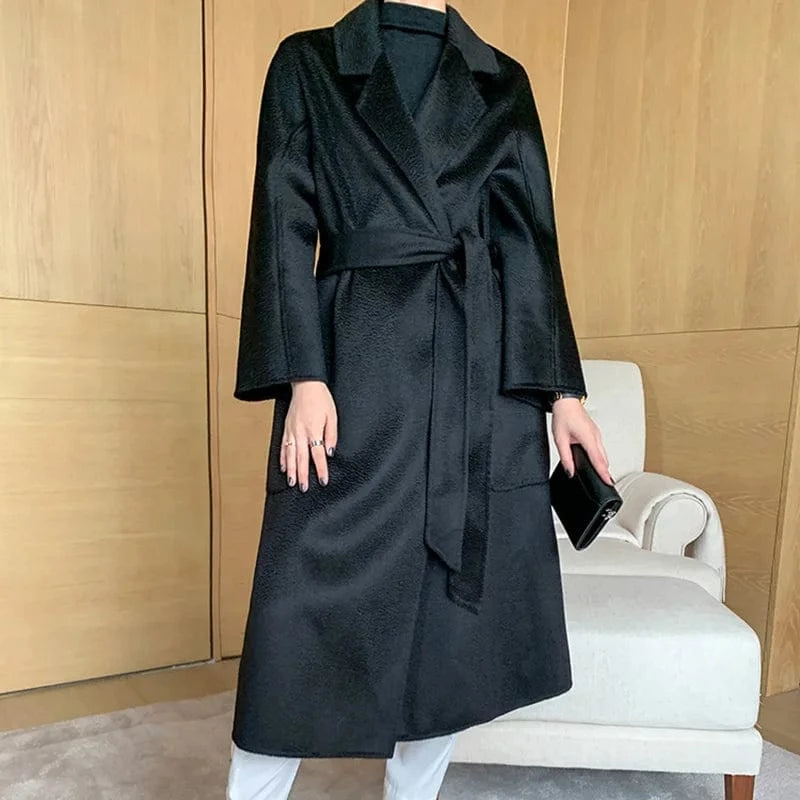 L / Black 2023 New Arrival Women's 100% Genuine Wool Coats Classic Great Quality Wool Overcoat