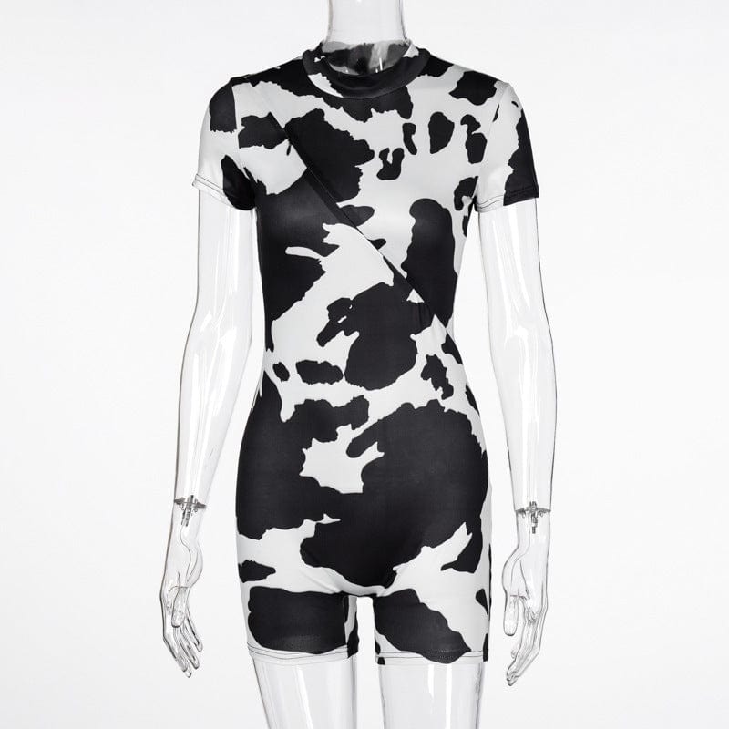 L / black 2023 Sport Black Polyester Spandex Cow Print Zipper Hollow Out Skinny Outfit Party Club Short One Piece Jumpsuit Bodycon Women