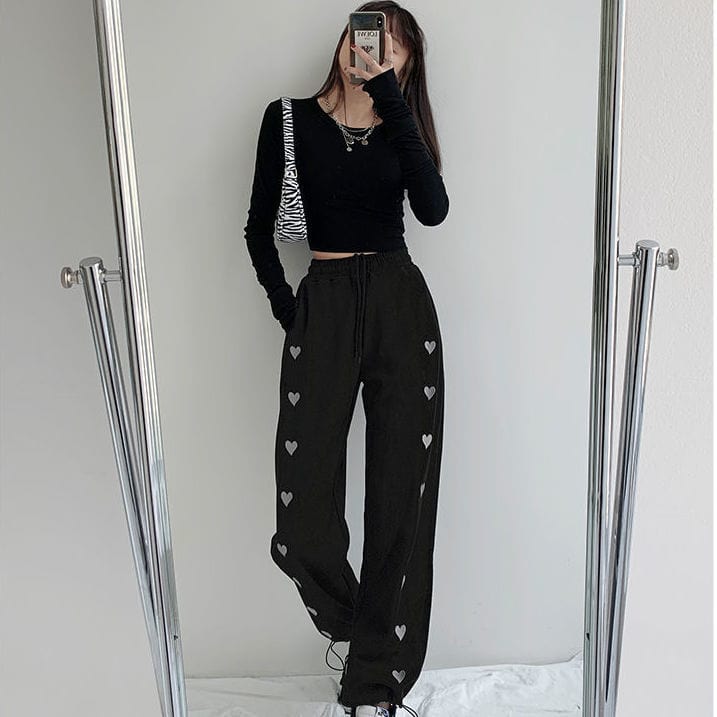 L / black 2024 Spring New Embroidered Love Sports Pants Women'S Drawstring Drawstring High Waist Loose Casual Straight Wide Leg Pants