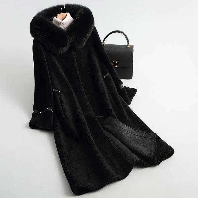 L / Black A18113 women's winter warm Wool fur coat overcoat with real fox fur collar lady female coats jacket overcoats