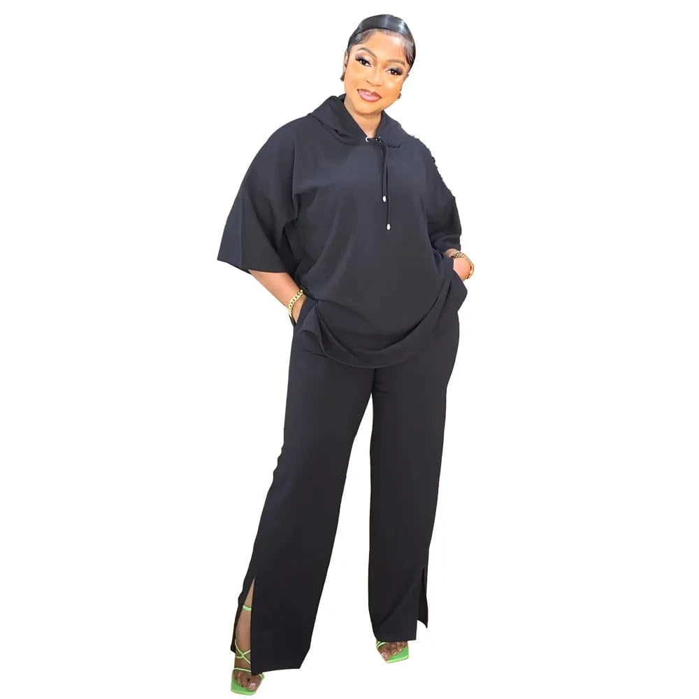 L / Black African Lady Dashiki Sets Casual Loose Summer Autumn Outfit Half Sleeve Hooded Top + Long Split Pants Matching Suit