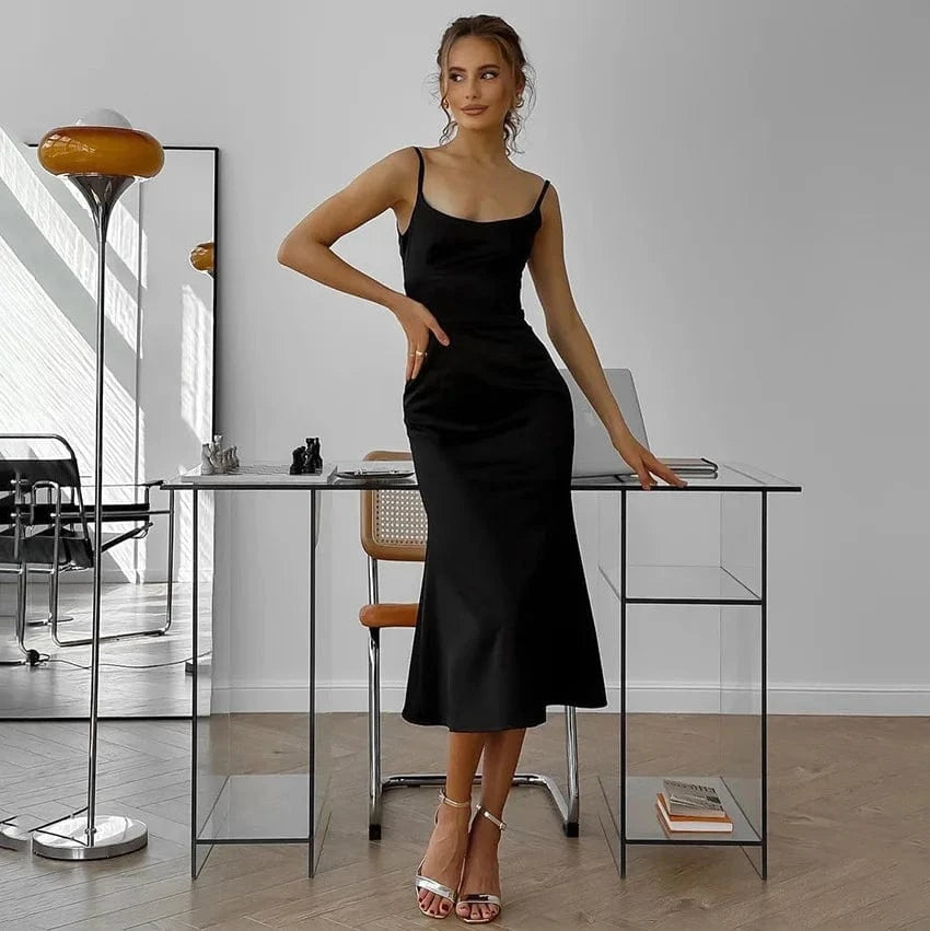 L / Black Amz Popular Fishtail Satin Dress Black Sleeveless Elegant Long Formal Dress For Party