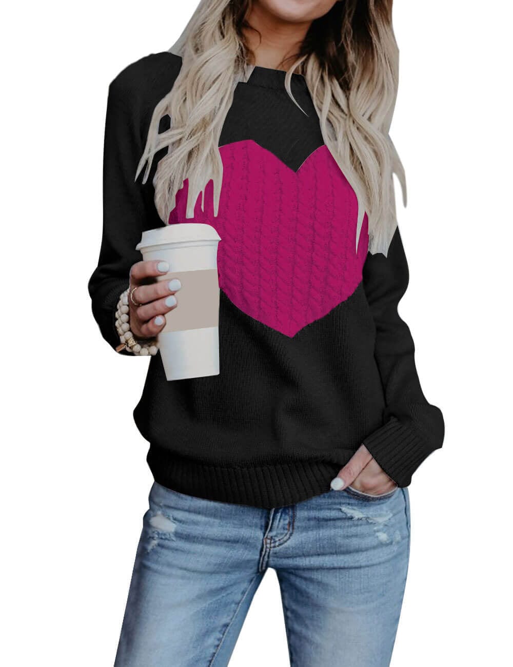 L / Black and rose red Autumn Winter Matching New Women's Knitwear Round Neck Fashion Pullover Love Sweater For Women