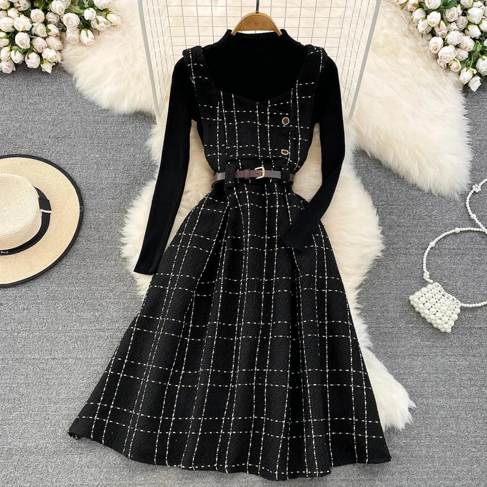 L / Black Autumn And Winter Retro Collar Sweater Two-Piece Plaid Tweed A-Line Dresses