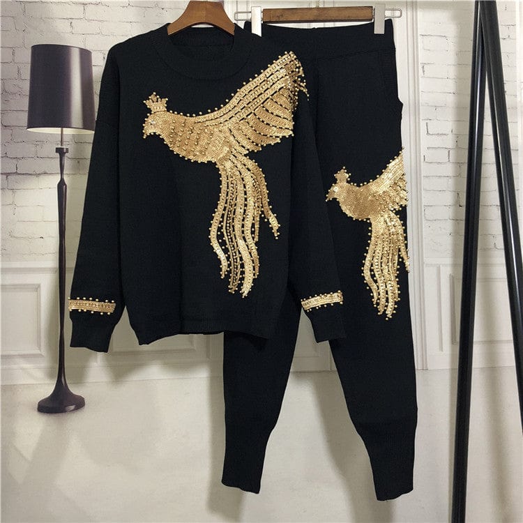 L / black Autumn  New Women's European Station Sequin Bead Phoenix Long Sleeve Loose Knitted Shirt Pants Suit two piece set