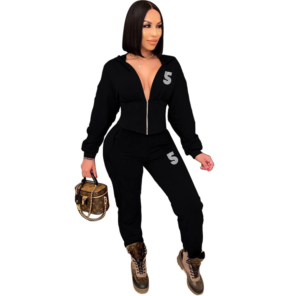 L / black Autumn Winter Fashion Printed Tracksuit 2 Piece Set Winter Zip Up Corset Hoodie Pants Two Piece Outfits