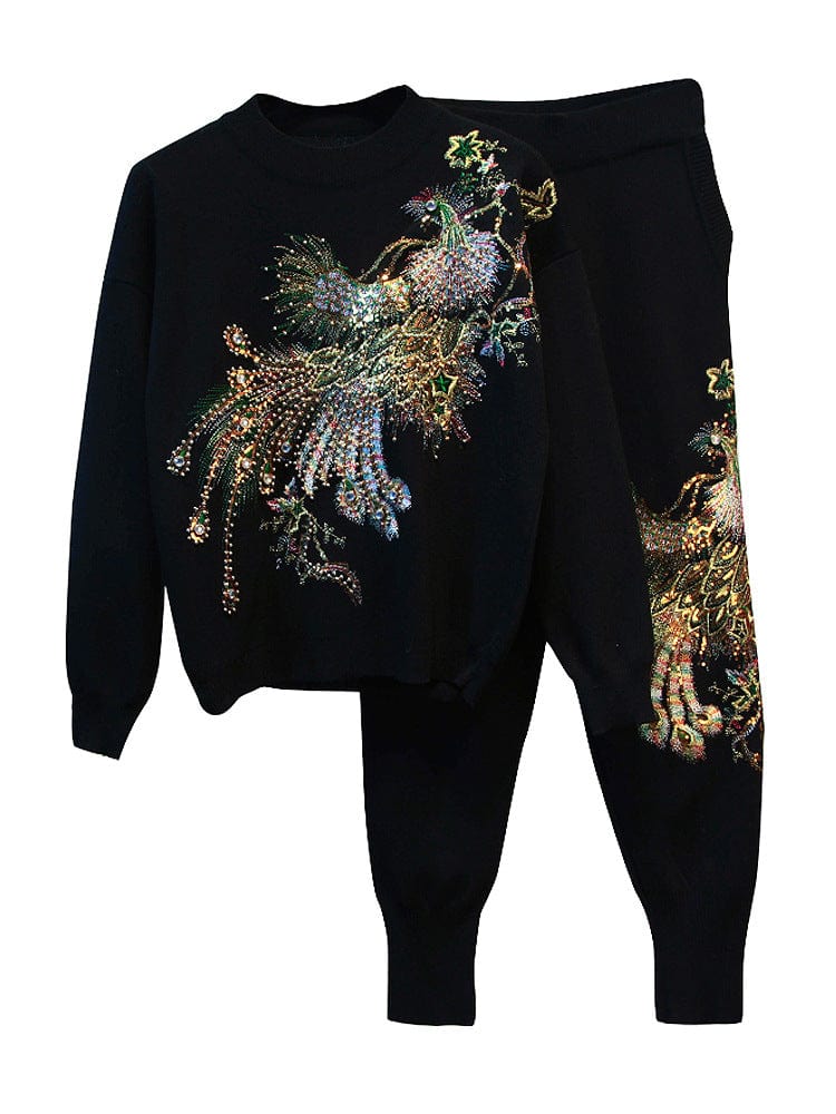 L / black Autumn Winter New Women's Sequin Bead Phoenix Long Sleeve Loose Knitted Shirt Pants Suit two piece set