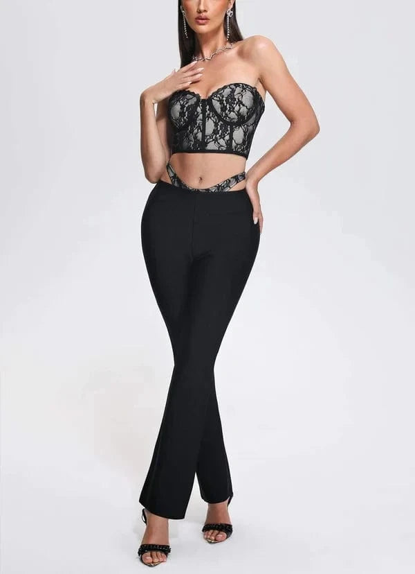 L / Black BA356 New Bandage Woman Suit Summer Lace Off The Shoulder Sexy Top Long Pants High Quality Fashion Party Black Two Pieces Set