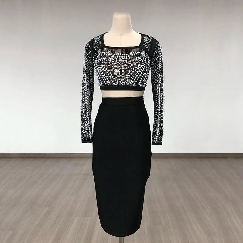 L / Black BA403 New Black Woman Suit Pearls Crystal Top Bandage Skirt Luxury Sexy Two Pieces Set Fashion Club Party Evening Dresses