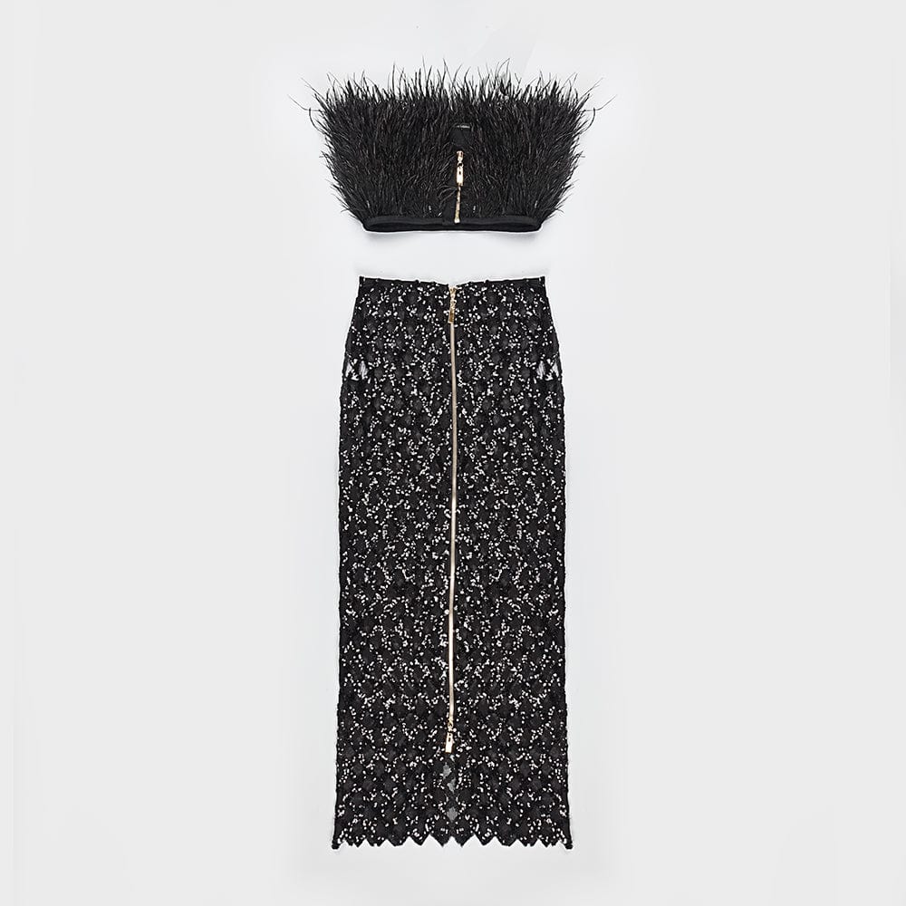 L / black Black 2 Piece Set Sleeveless Feather TOP Sequin Translucent Skirt Sexy Party Women Set