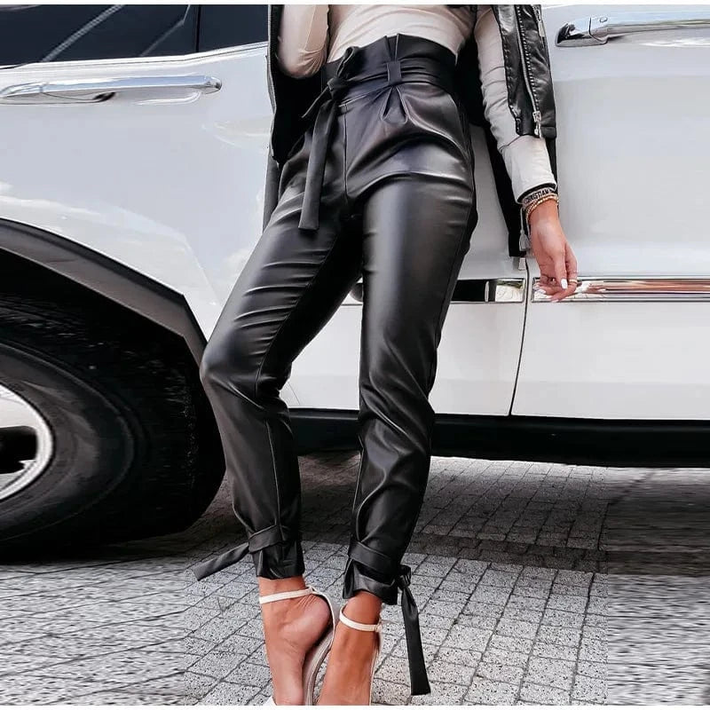 L / Black Black Belted High Waist Pencil Pants Casual Pocket Trousers Women Sexy Butt-lift PU Leather Pants