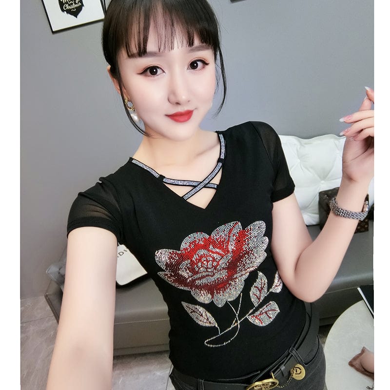 L / black Black Mesh T-Shirt Women V-neck Handmade Diamonds Beading Big Flowers Slim Women Tops Tees Short Sleeve Summer T25904