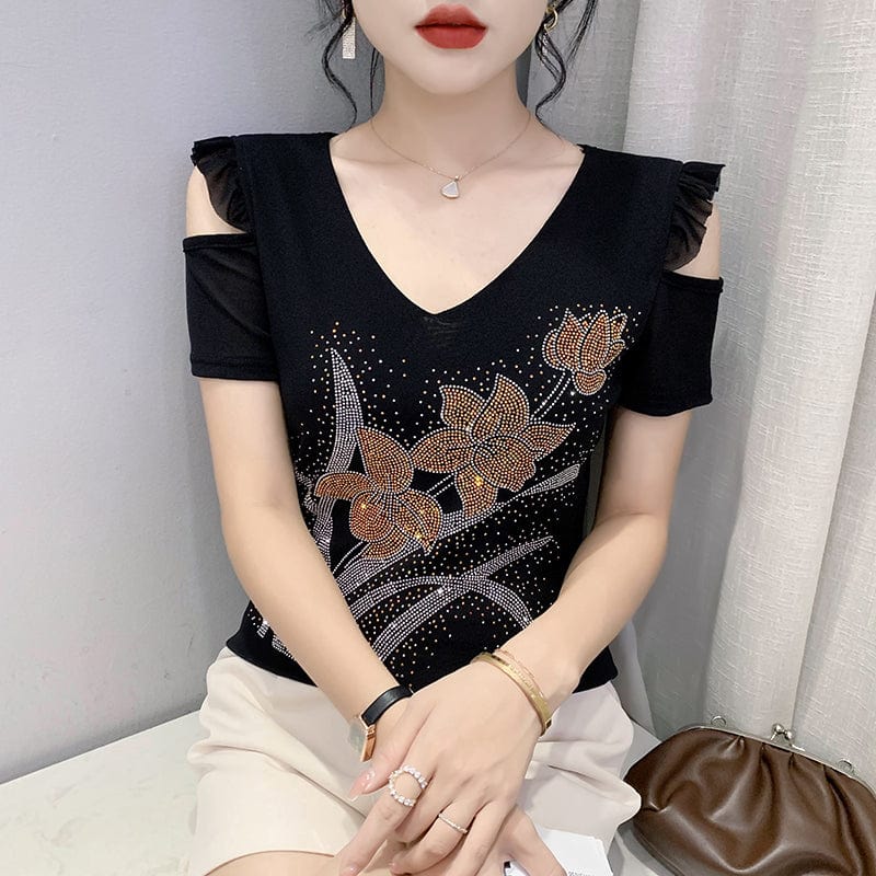 L / black Black Mesh T-Shirt Women V-neck Handmade Diamonds Beading Flowers Off-shoulder Ruffles Tops Tees Short Sleeve Summer T25903