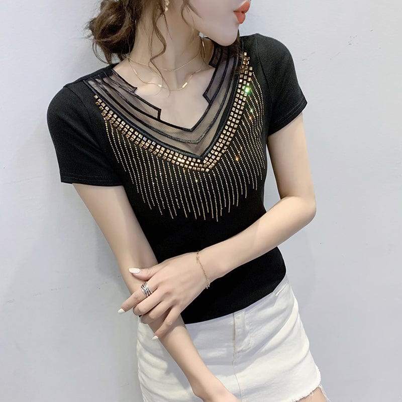 L / black Black T-Shirt Women New V-neck Handmade Diamonds Beading Rivet Mesh Transparent Sexy Women Tops Tees Short Sleeve Summer T25504