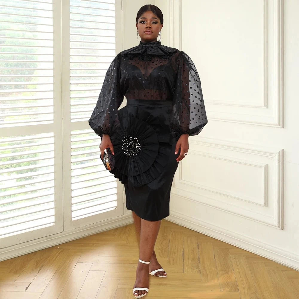 L / Black Blouse Polka Dot Skirt Black AOMEI Shiny Appliques Women 2 Pieces Sets