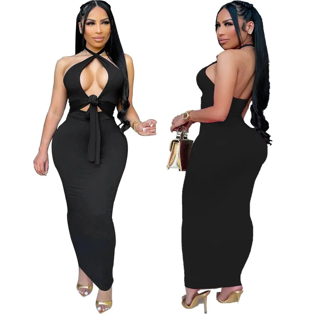 L / Black Bodycon Sleeveless Beach Maxi Dress Women Wholesale Sexy Summer Women Tank Halter Dress Cut Out Long Solid Wrap Dress