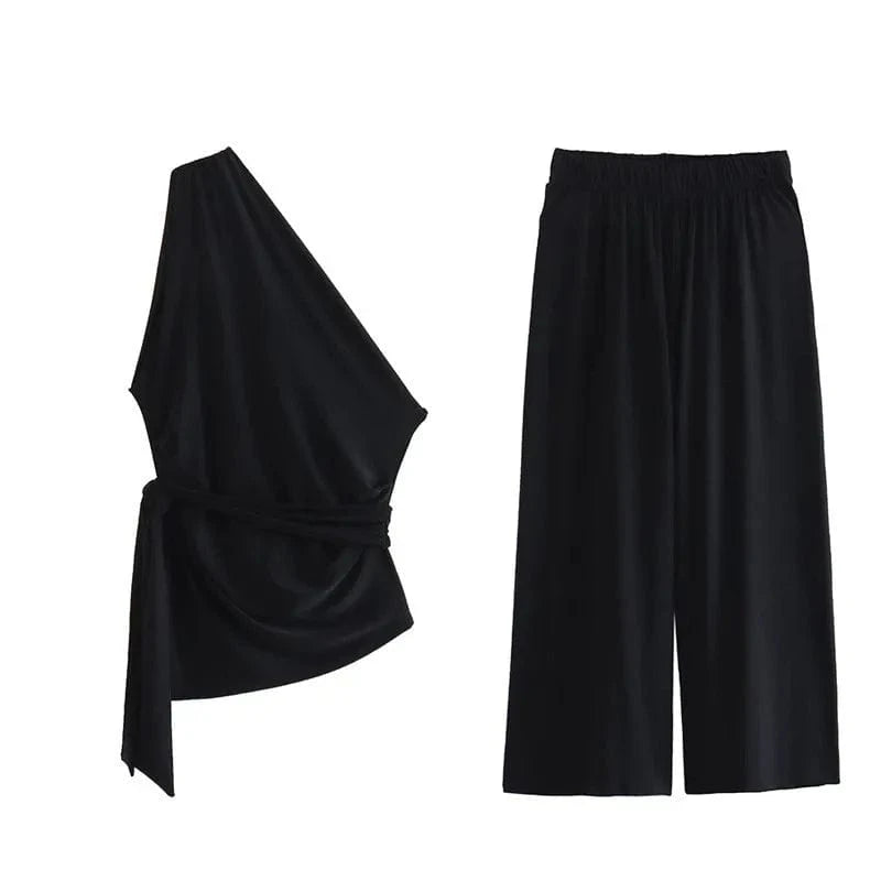 L / Black Bow decoration  multi color print asymmetric top wide leg pants set