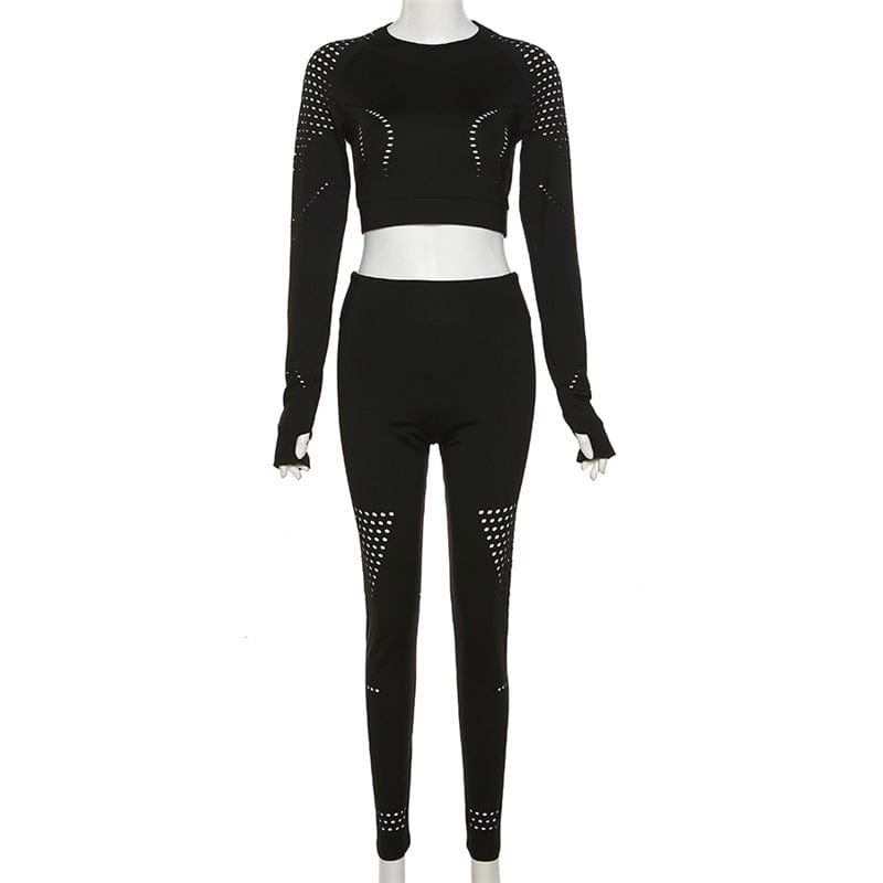 L / black C1713 New hollow out long sleeve top high waist tight stretching yoga pants suit women